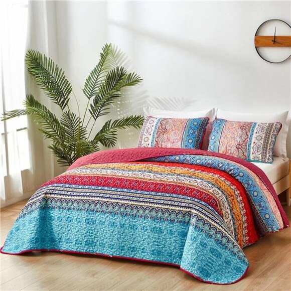 BEDDING Boho Quilt Set Queen Size, Bohemian Stripe 3 Pieces Christmas - Picture 2 of 7